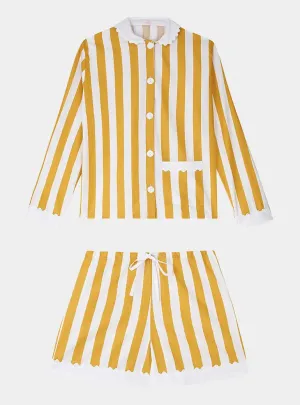 100% Cotton Poplin Ochre  & White Stripe Short Pyjamas With Side Pocket, White Collar and Cuffs Ric Rac Trim