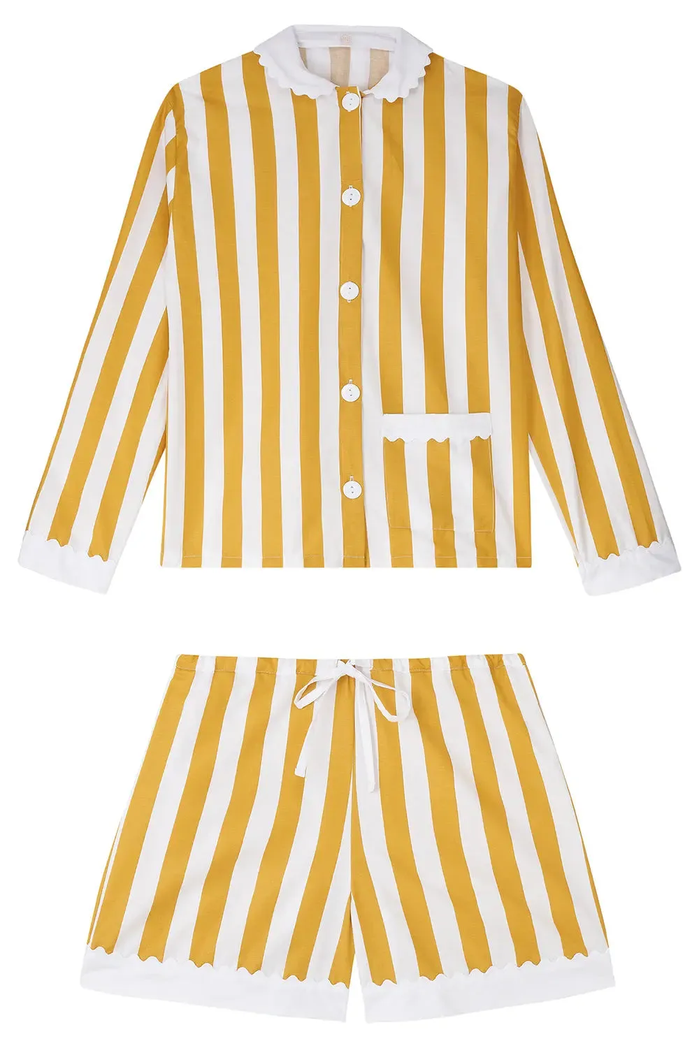 100% Cotton Poplin Ochre  & White Stripe Short Pyjamas With Side Pocket, White Collar and Cuffs Ric Rac Trim