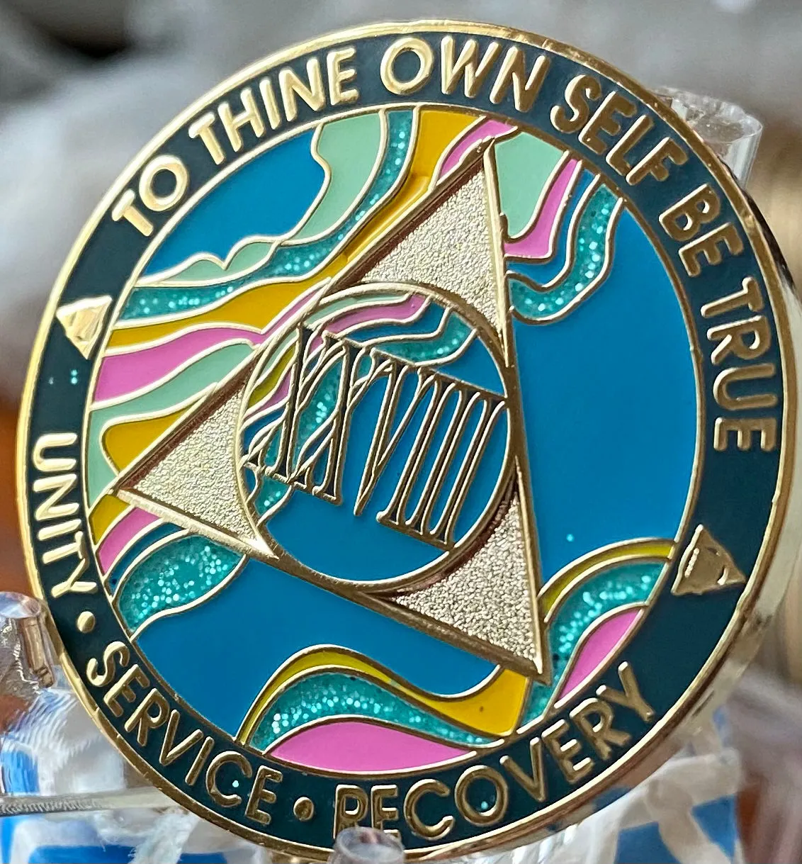 28 Year AA Medallion Elegant Tahiti Teal Blue and Pink Marble Gold Sobriety Chip