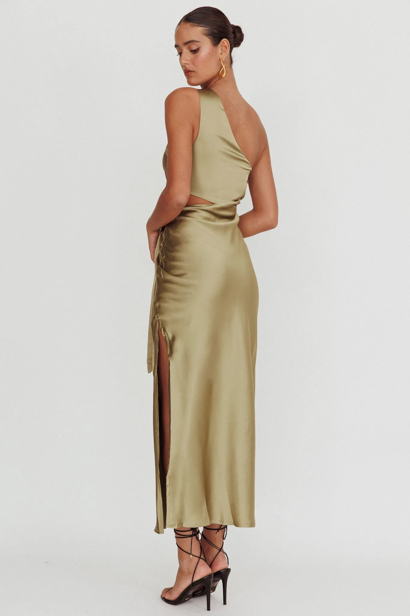 Abloom One Shoulder Satin Maxi Dress Khaki