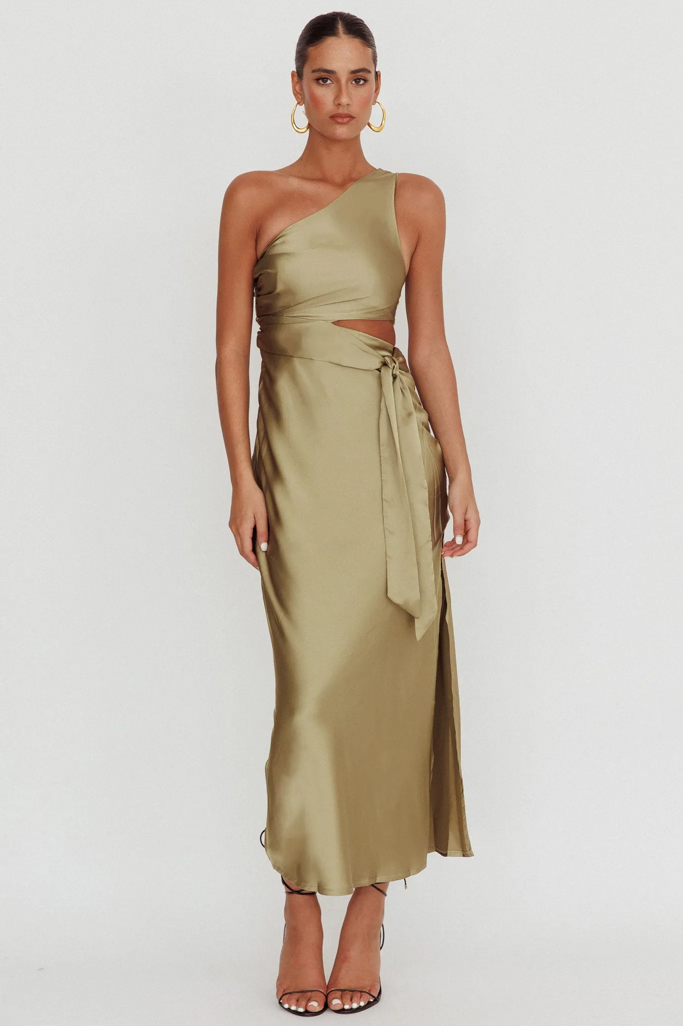 Abloom One Shoulder Satin Maxi Dress Khaki