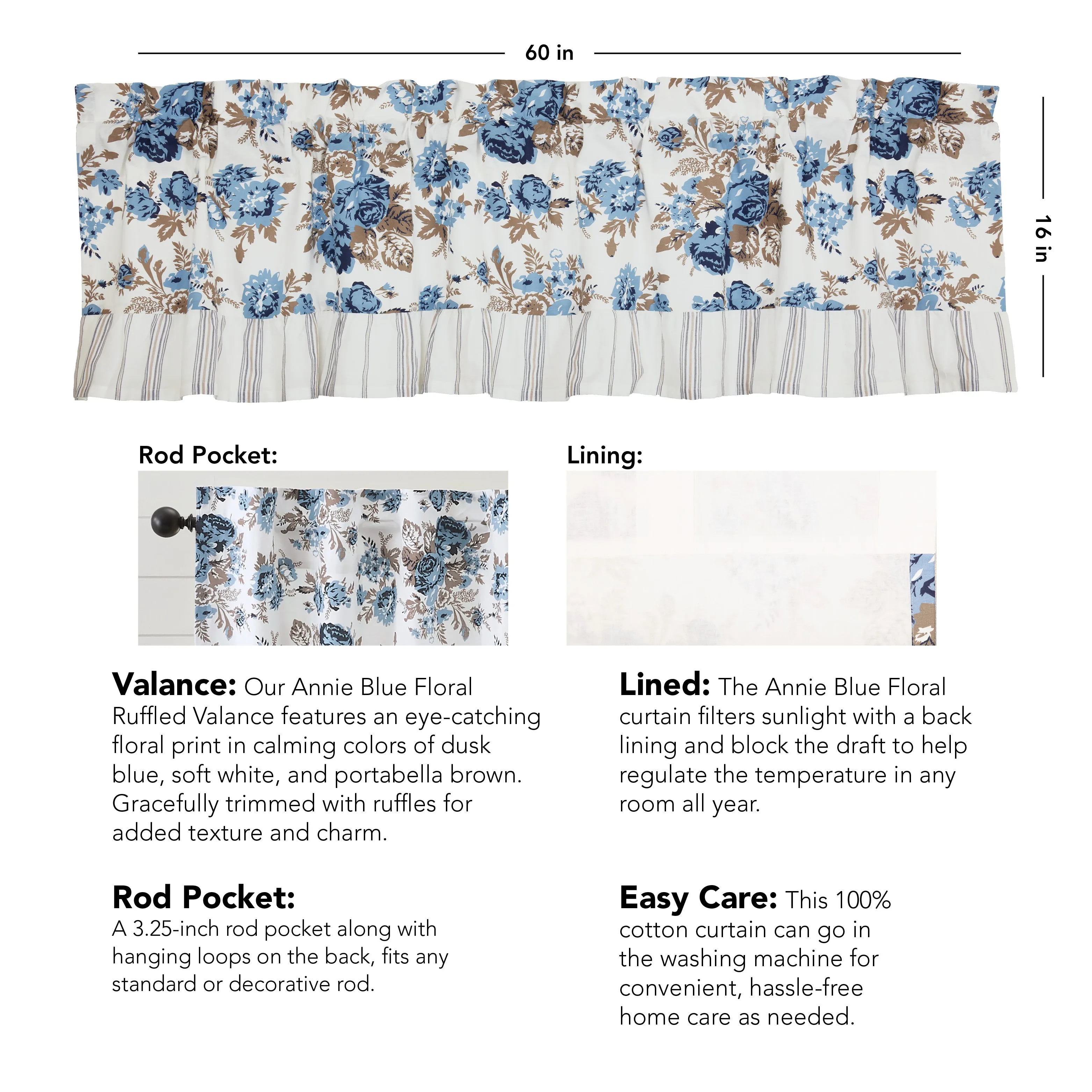 Annie Blue Floral Ruffled Valance 16x60