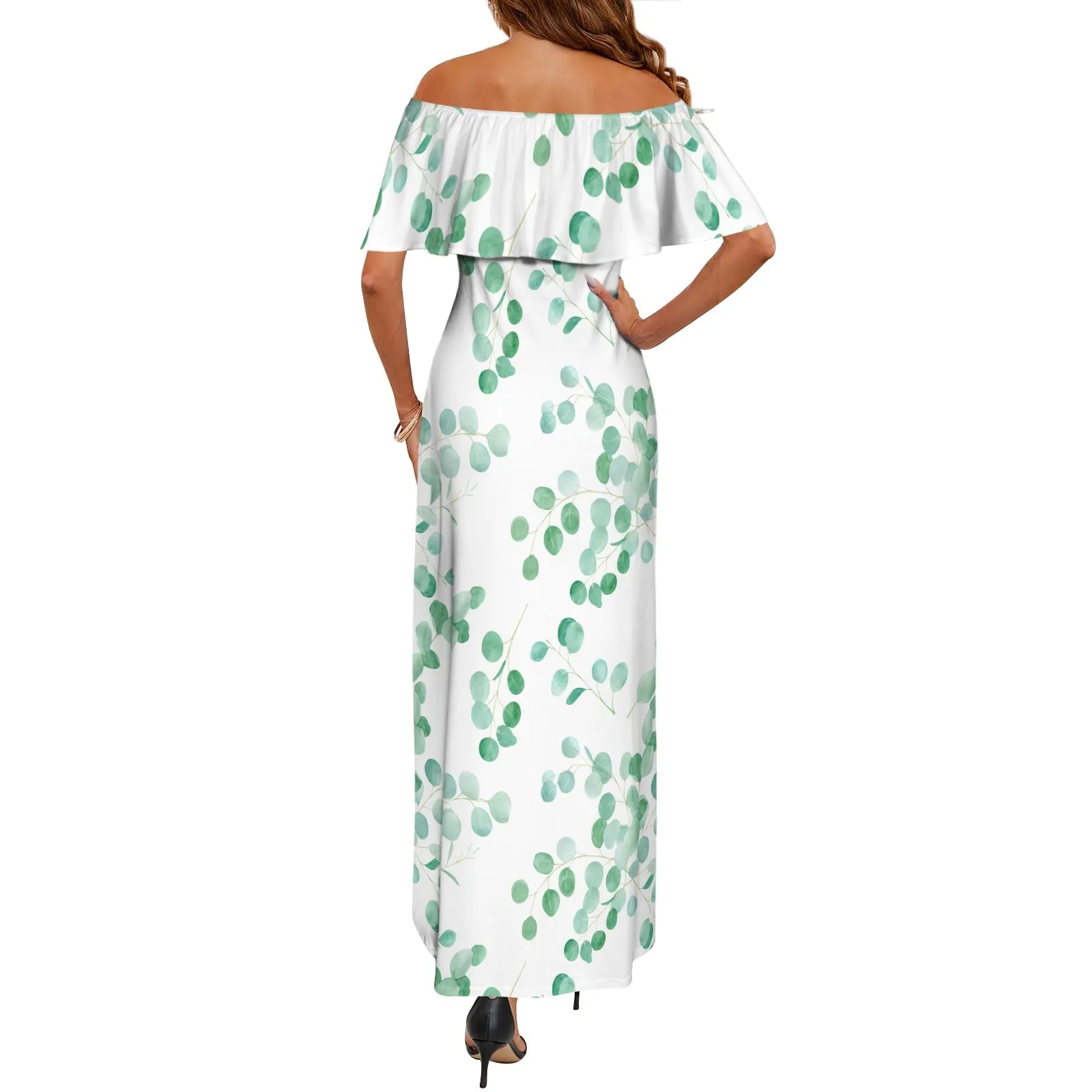 Australian Eucalyptus Leaves Women's Off Shoulder Ruffle Boat Neck Dress (Model D71)