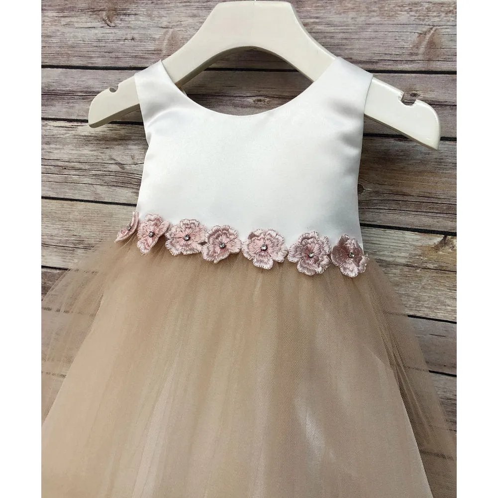 Baby Girls Champagne Satin Tulle Tea Length Flower Girl Dress 6-24M