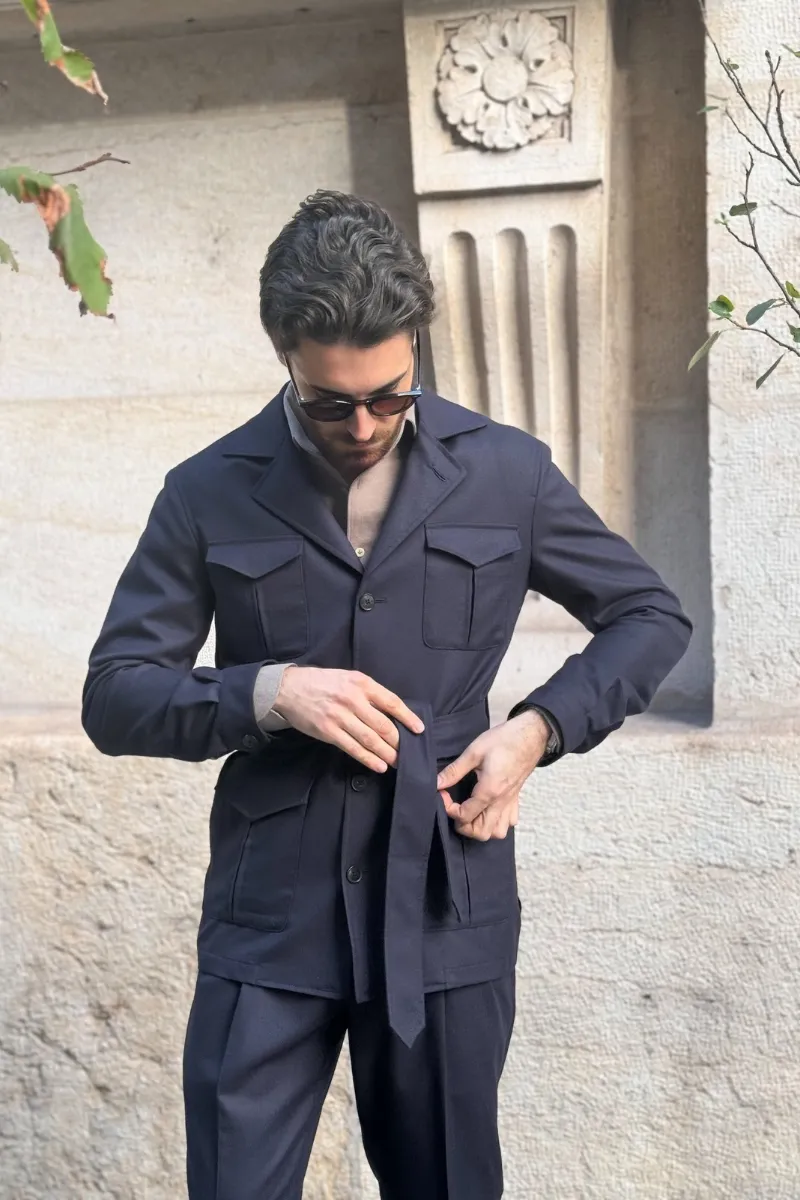 Belted Safari Jacket - Flanella Navy