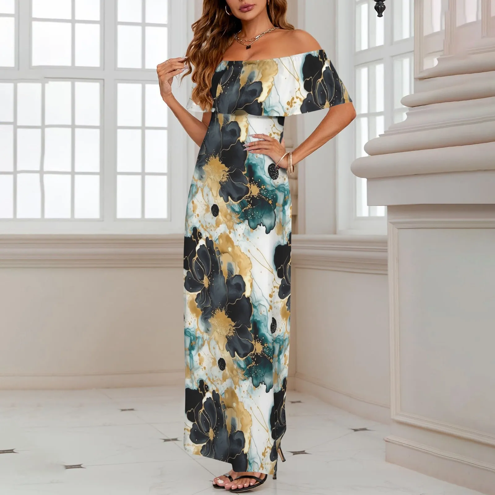 Black Gold & Green Ink Floral Women's Off Shoulder Ruffle Boat Neck Dress (Model D71)