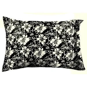 Blissful Night's Sleep Satin Pillowcases. Black, Etched White Flowers