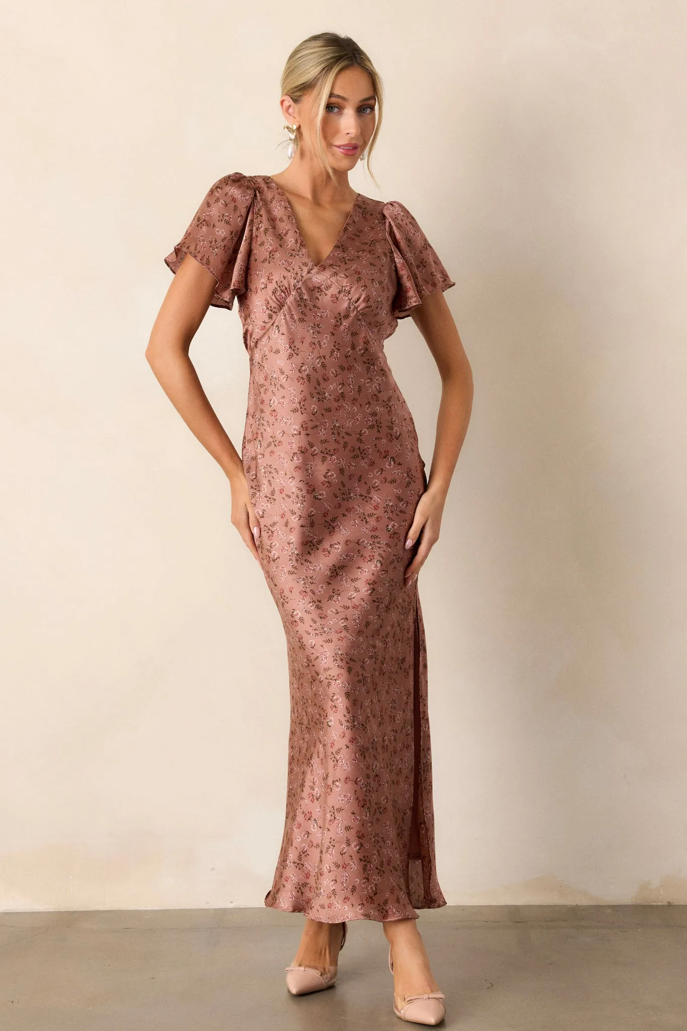 Champagne Moments Dusty Rose Floral Satin Maxi Dress