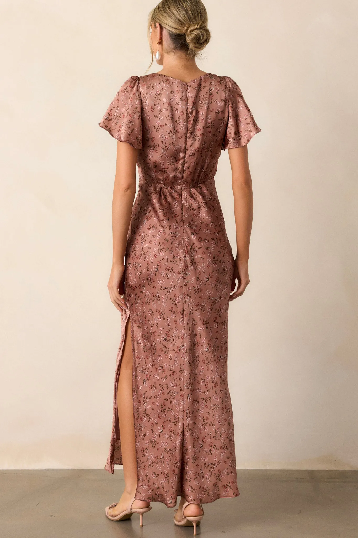 Champagne Moments Dusty Rose Floral Satin Maxi Dress