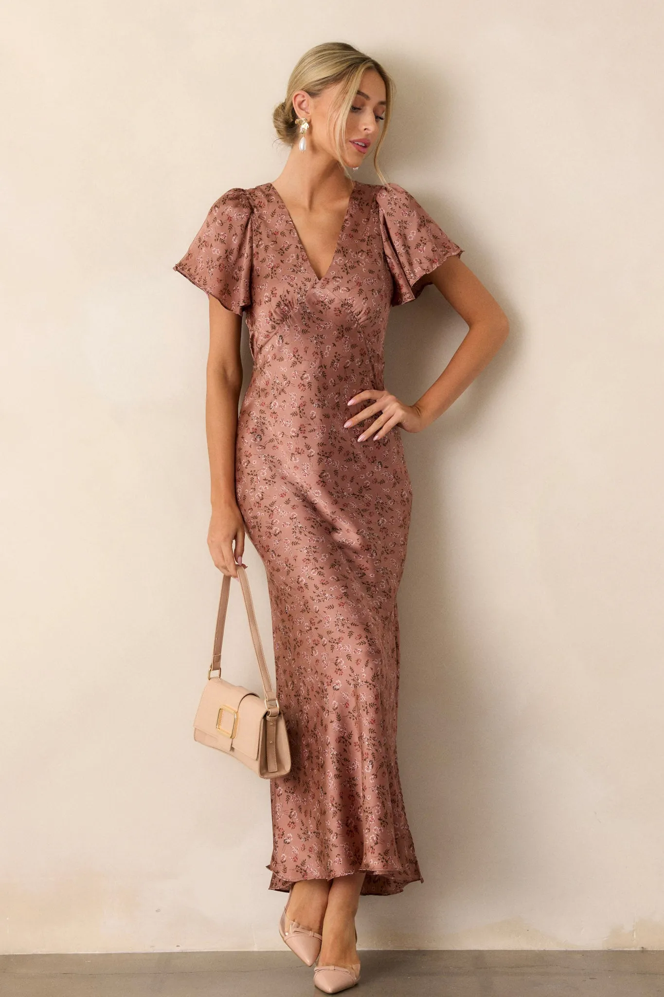 Champagne Moments Dusty Rose Floral Satin Maxi Dress