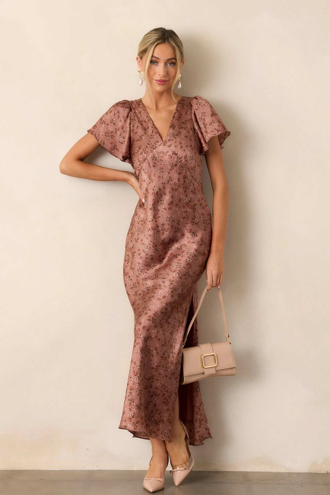 Champagne Moments Dusty Rose Floral Satin Maxi Dress