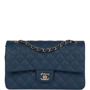 Chanel Medium Classic Double Flap Bag Blue Caviar Light Gold Hardware