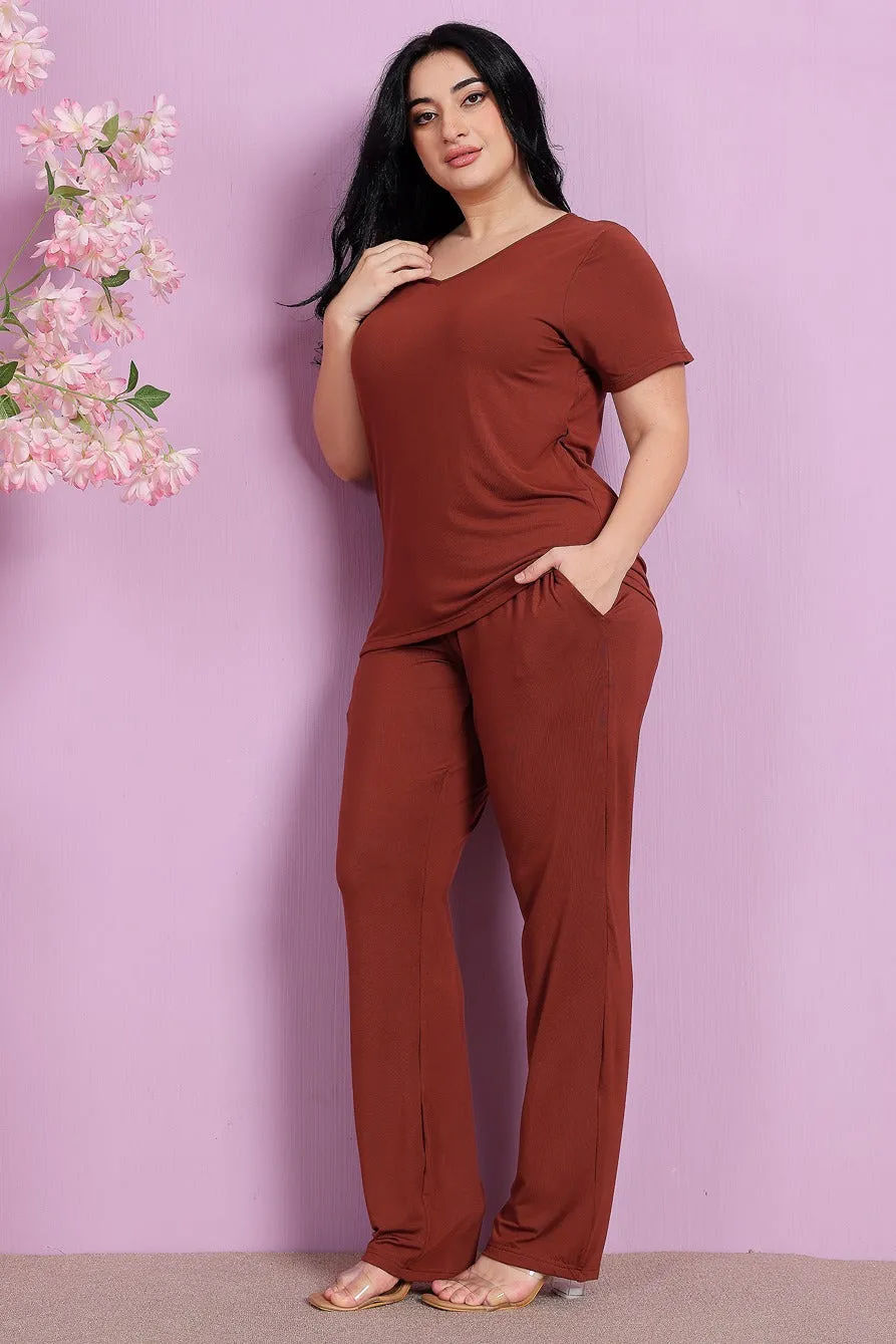 Cotton Solid Pyjama Night Suit Set-Brown