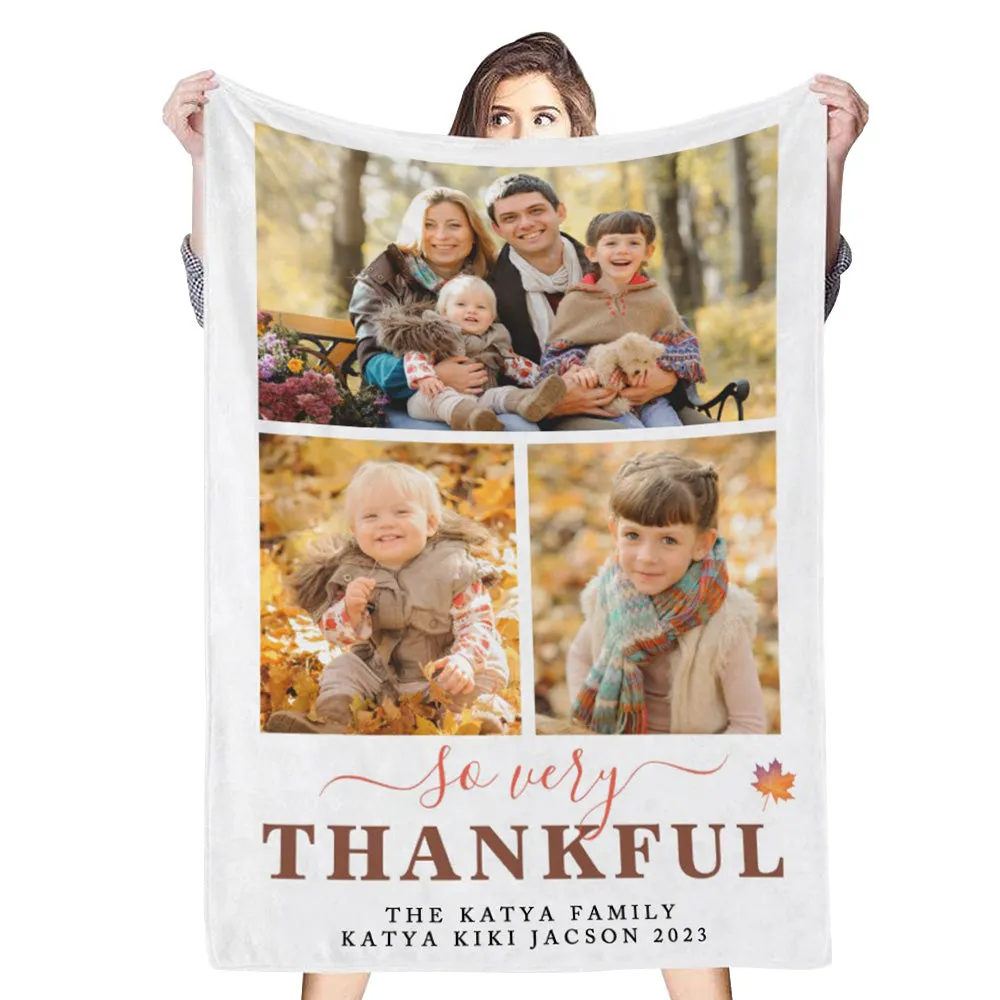 Custom 3 Photos Blanket Thanksgiving Day Throw Blanket Gifts For Family