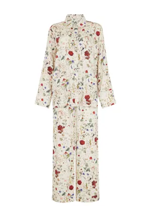 Evie Long Sleeve Pressed Floral Print Pyjama Set In Cream