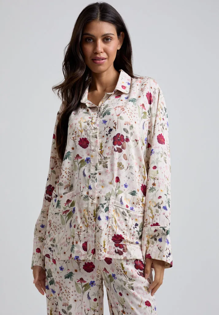 Evie Long Sleeve Pressed Floral Print Pyjama Set In Cream