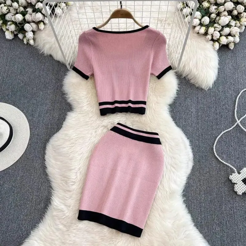 Fashion Female Hot Girl Round-neck High Waist Short Dress Suit