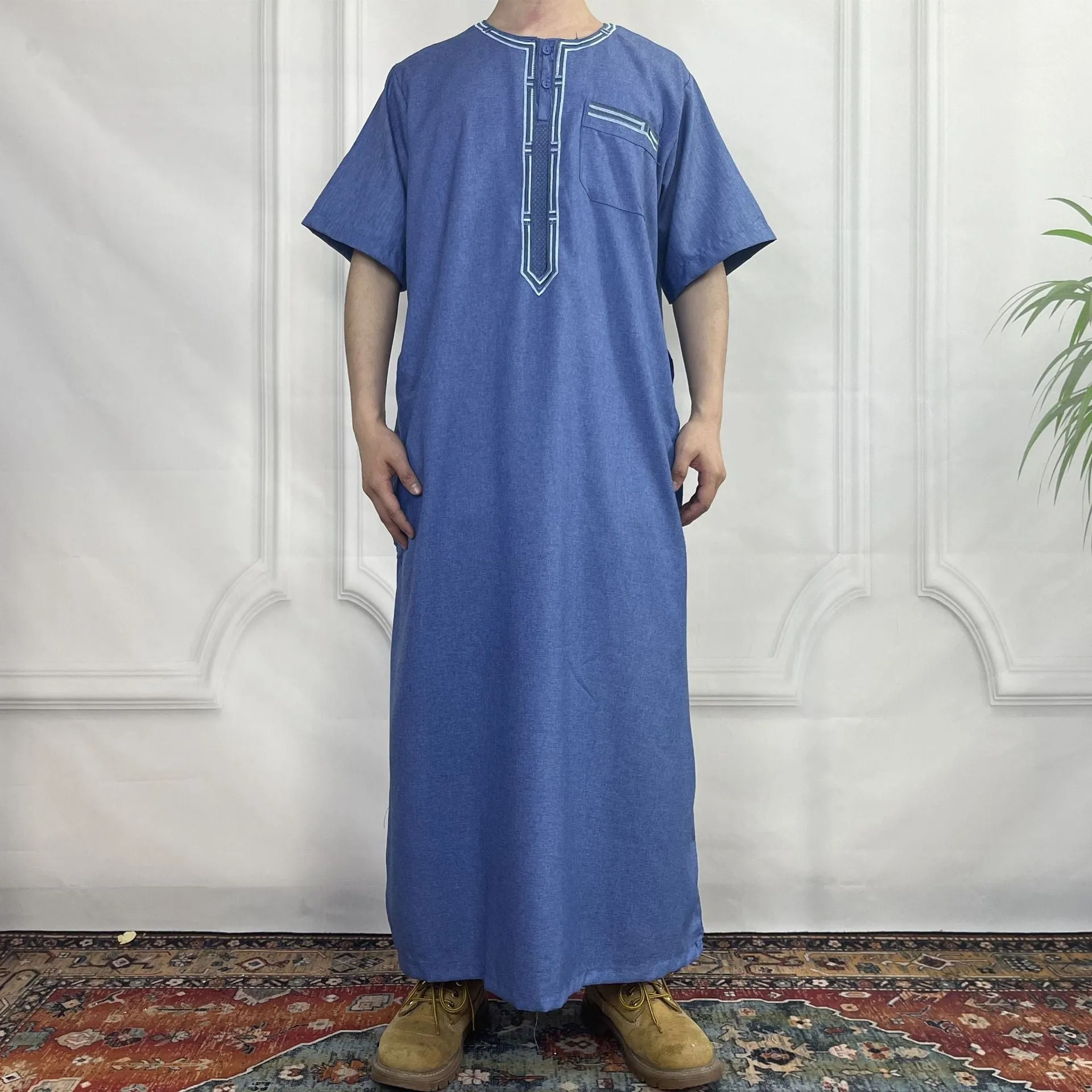 FN52-34   Cross-border short-sleeved embroidered round-neck men's robe  abaya