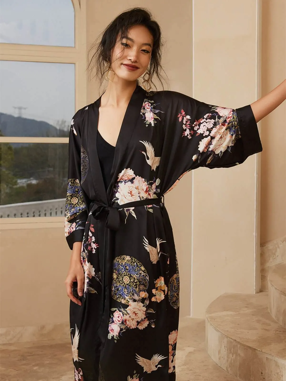 Garden Crane Black Kimono Robe