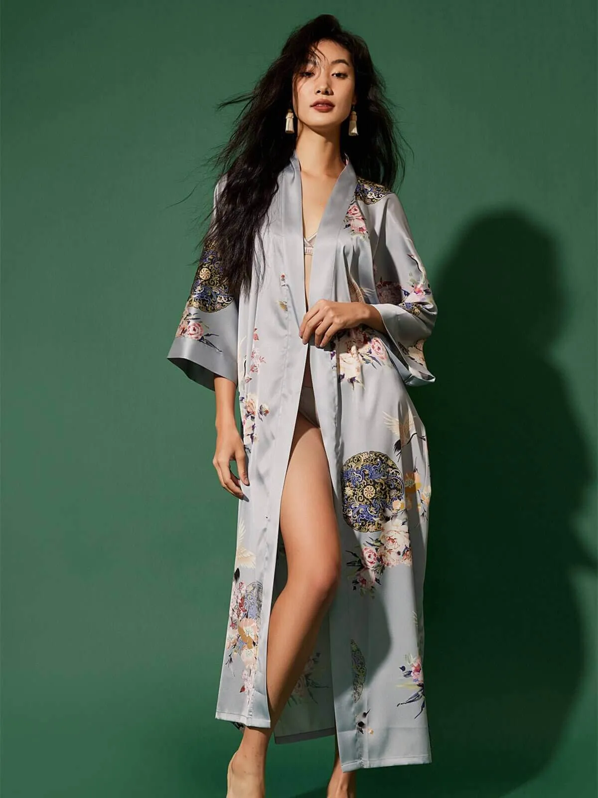 Garden Crane Gray Kimono Robe