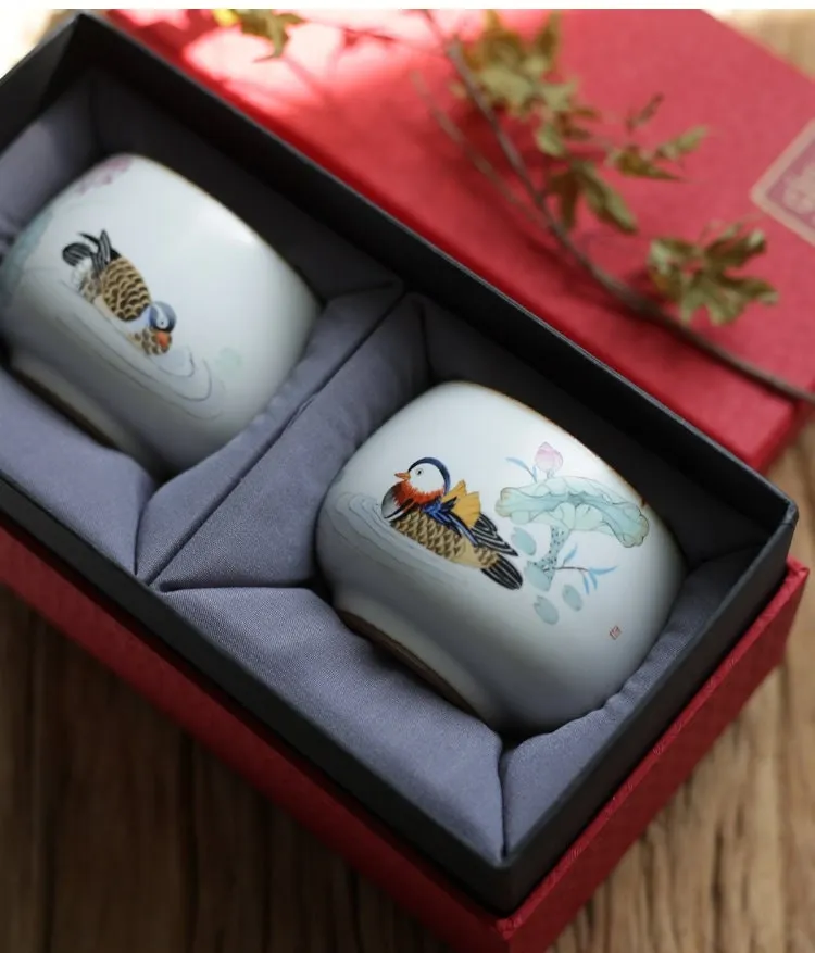 Gohobi A Set of 2 Hand-painted Mandarin Duck Tea Cup