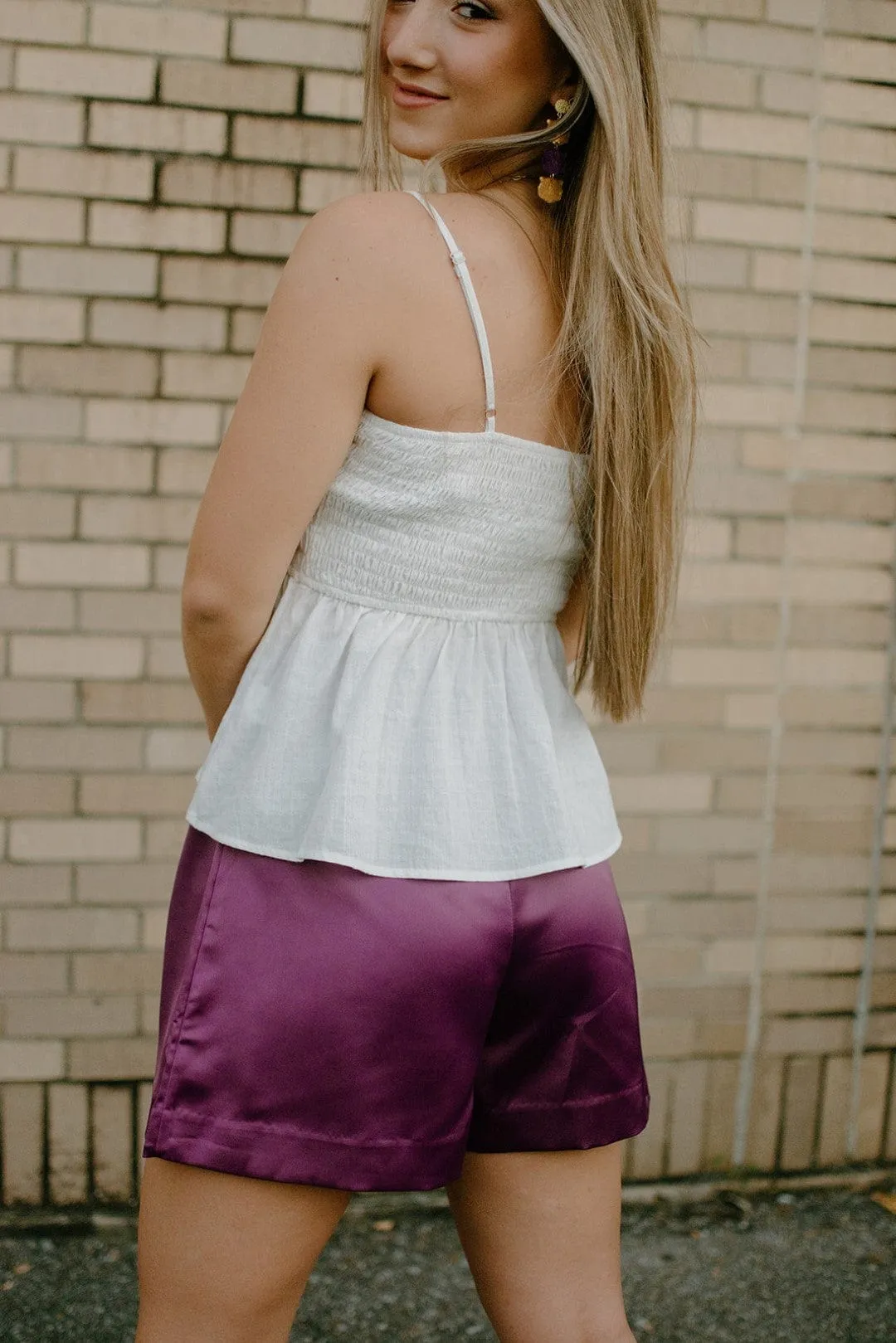 Grape Pleated Satin Shorts