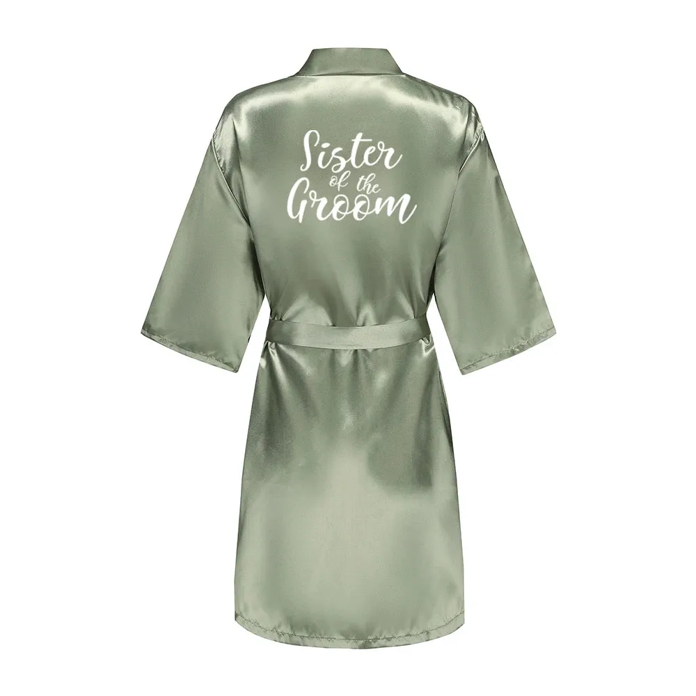 Grass Green Women's White Letter Bride Bridesmaid Short Satin Robes for Wedding Party Getting Ready