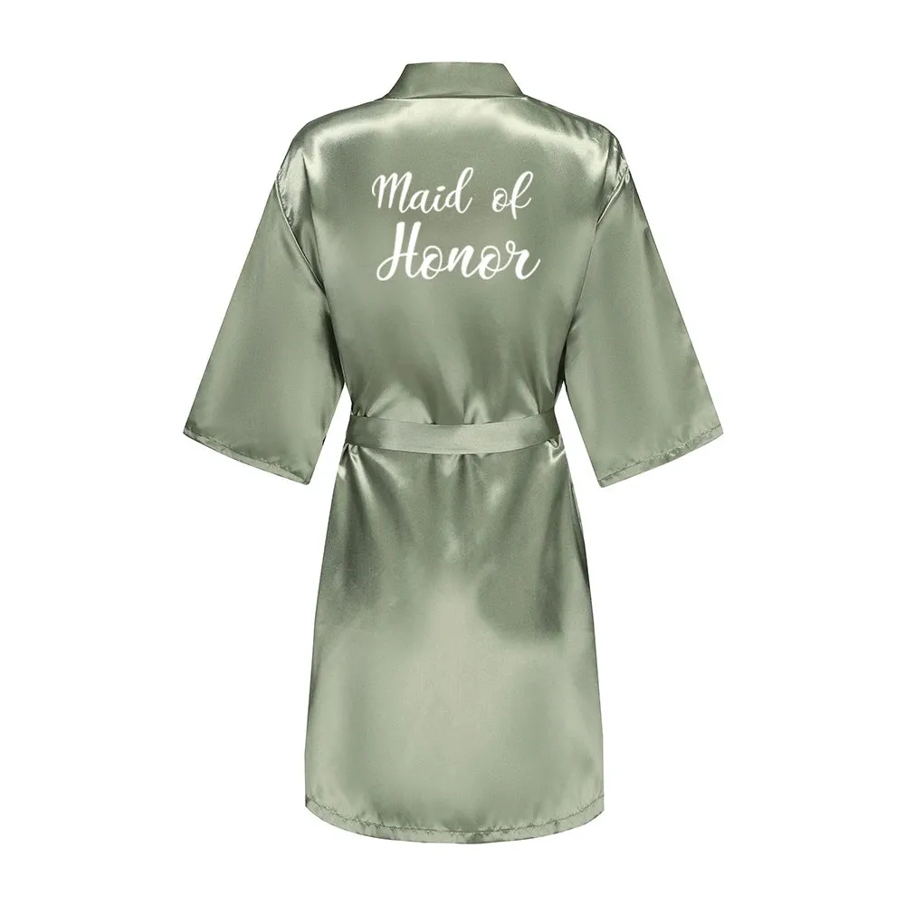 Grass Green Women's White Letter Bride Bridesmaid Short Satin Robes for Wedding Party Getting Ready