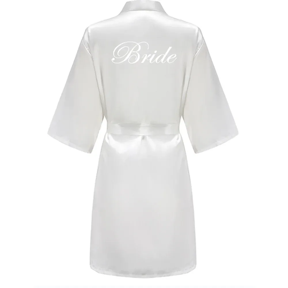 Grass Green Women's White Letter Bride Bridesmaid Short Satin Robes for Wedding Party Getting Ready