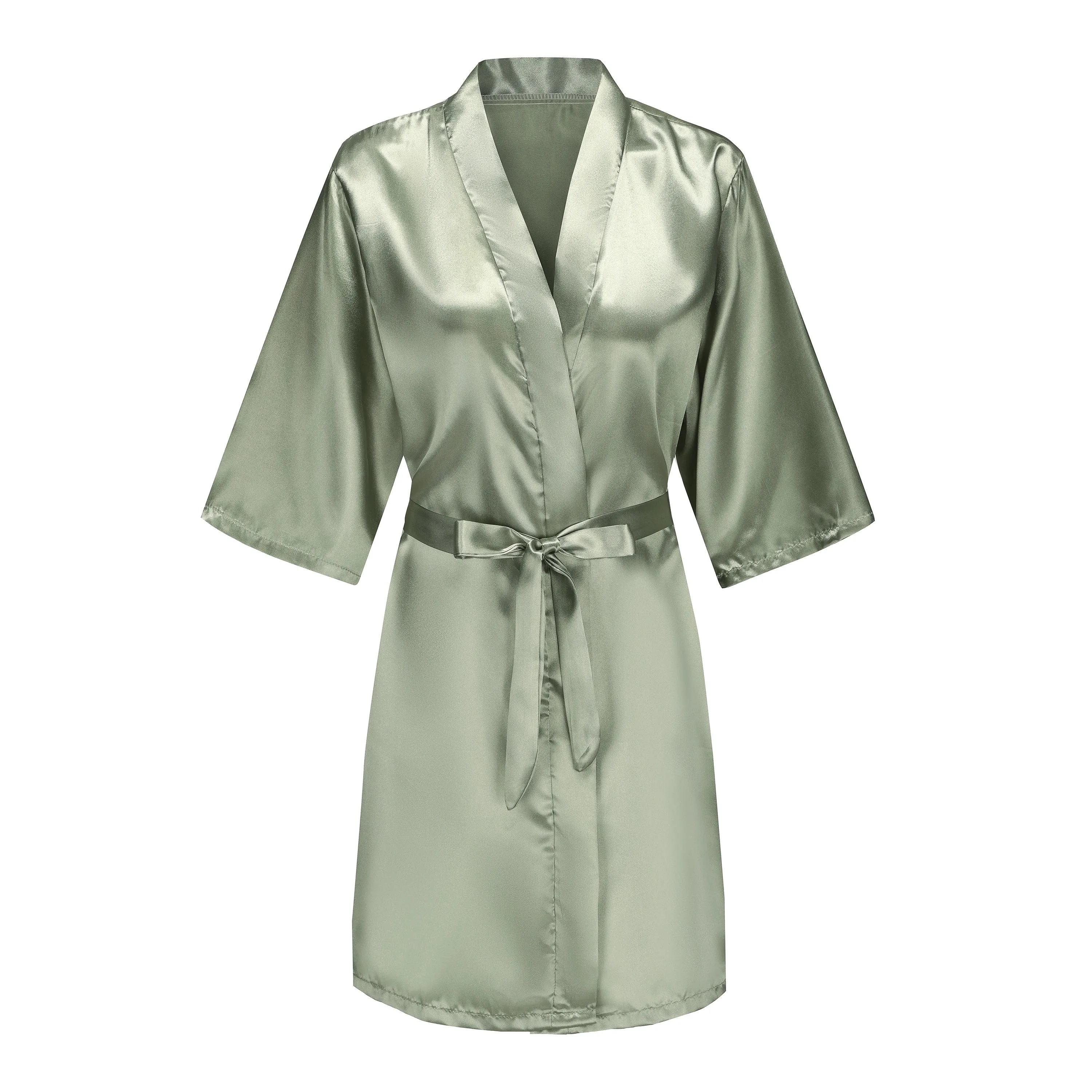 Grass Green Women's White Letter Bride Bridesmaid Short Satin Robes for Wedding Party Getting Ready