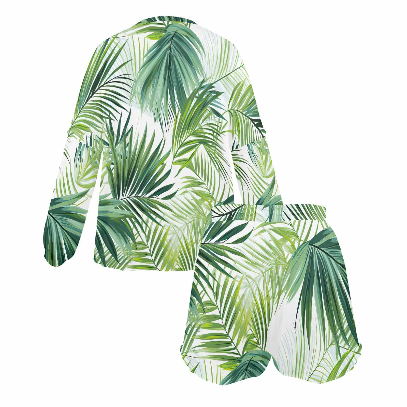 Green Palm Leaves  Women's Long Sleeve Pajama Set with Shorts