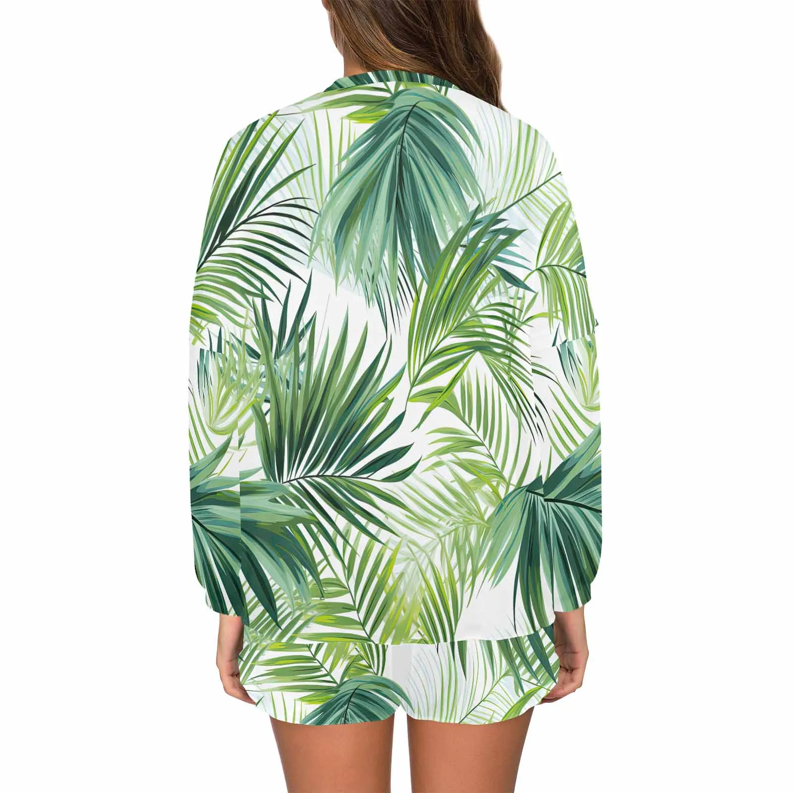 Green Palm Leaves  Women's Long Sleeve Pajama Set with Shorts