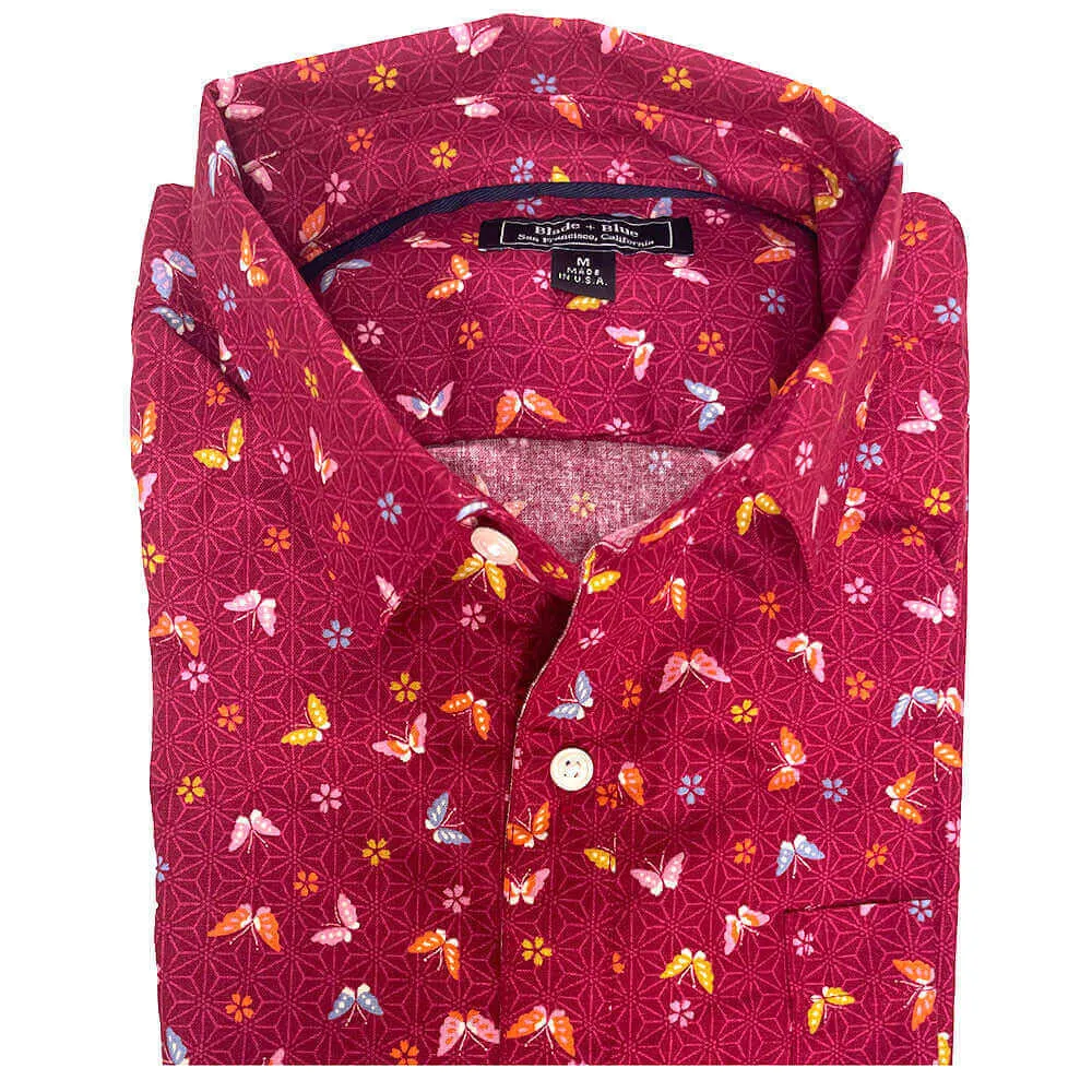 HARLAN Traditional Japanese Butterfly Print Short Sleeve Shirt in Berry Red