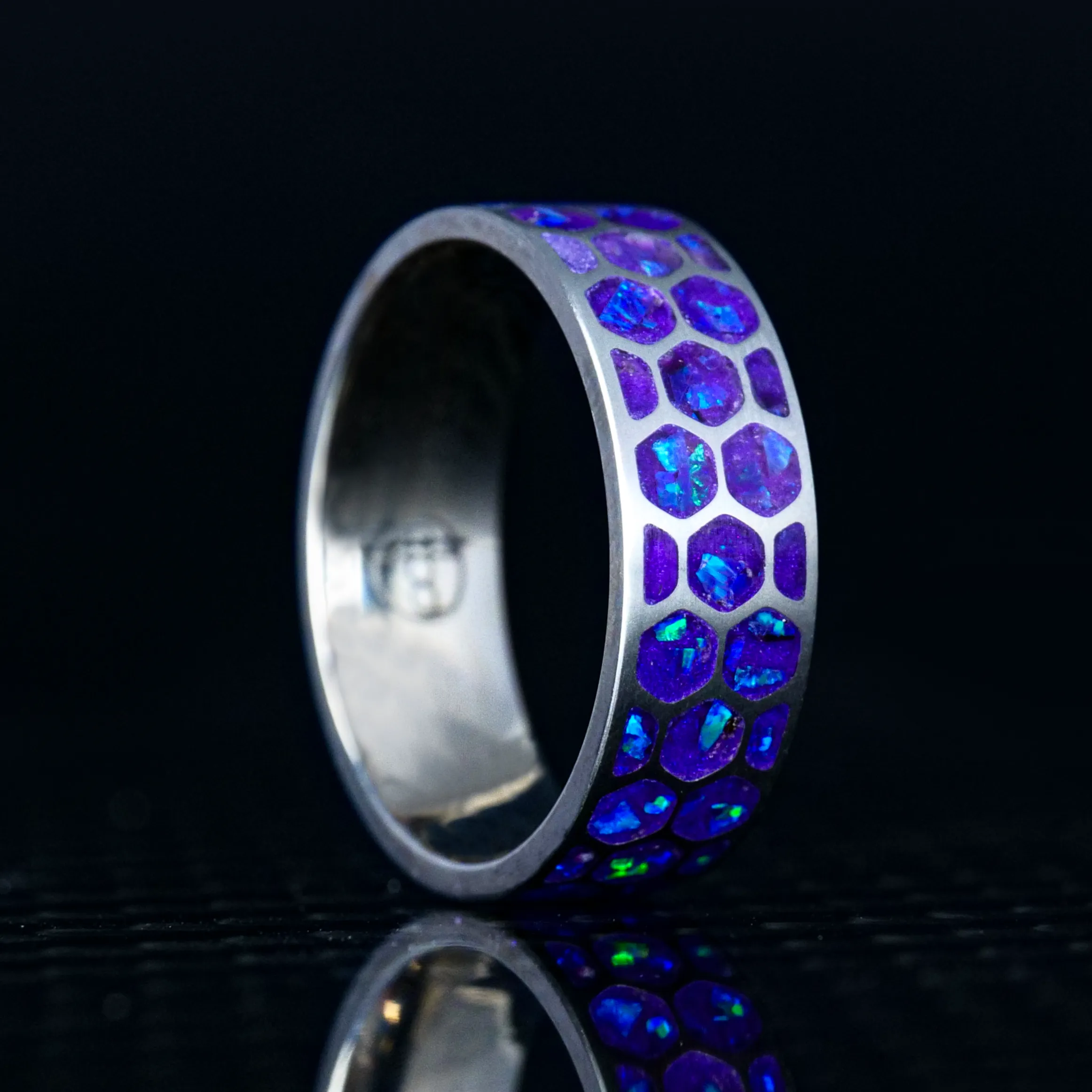 Hexagon Lavender Opal Glowstone Ring on Titanium