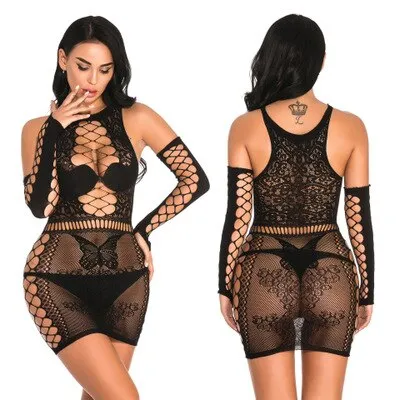 Hot Mesh Dress Set With Gloves