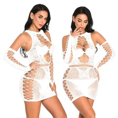 Hot Mesh Dress Set With Gloves