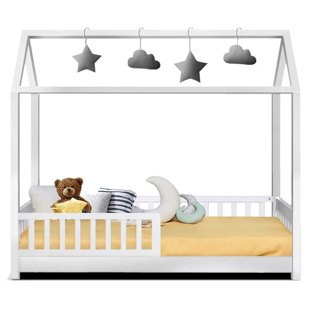 Kids Wooden House Style Single Bed Frame With Side Rails - White