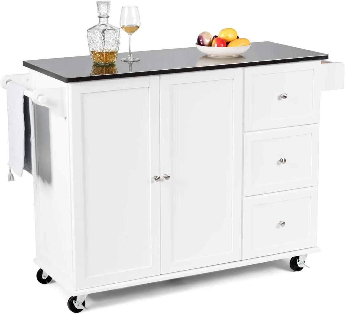 Kitchen Island with Stainless Steel Countertop with Towel Holder and Spice Rack, 3 Drawers, Adjustable Shelves, 2-Door Cabinet, Storage Table