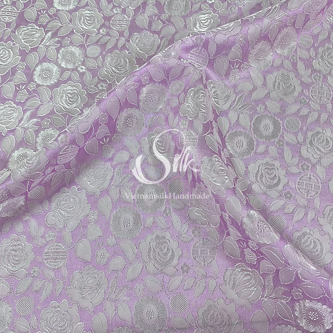 Lavender Silk with Rose Flowers - Rose Pattern - PURE MULBERRY SILK fabric by the yard -  Floral Silk - Rose Silk -Luxury Silk - Natural silk - Handmade in VietNam- Silk with Design