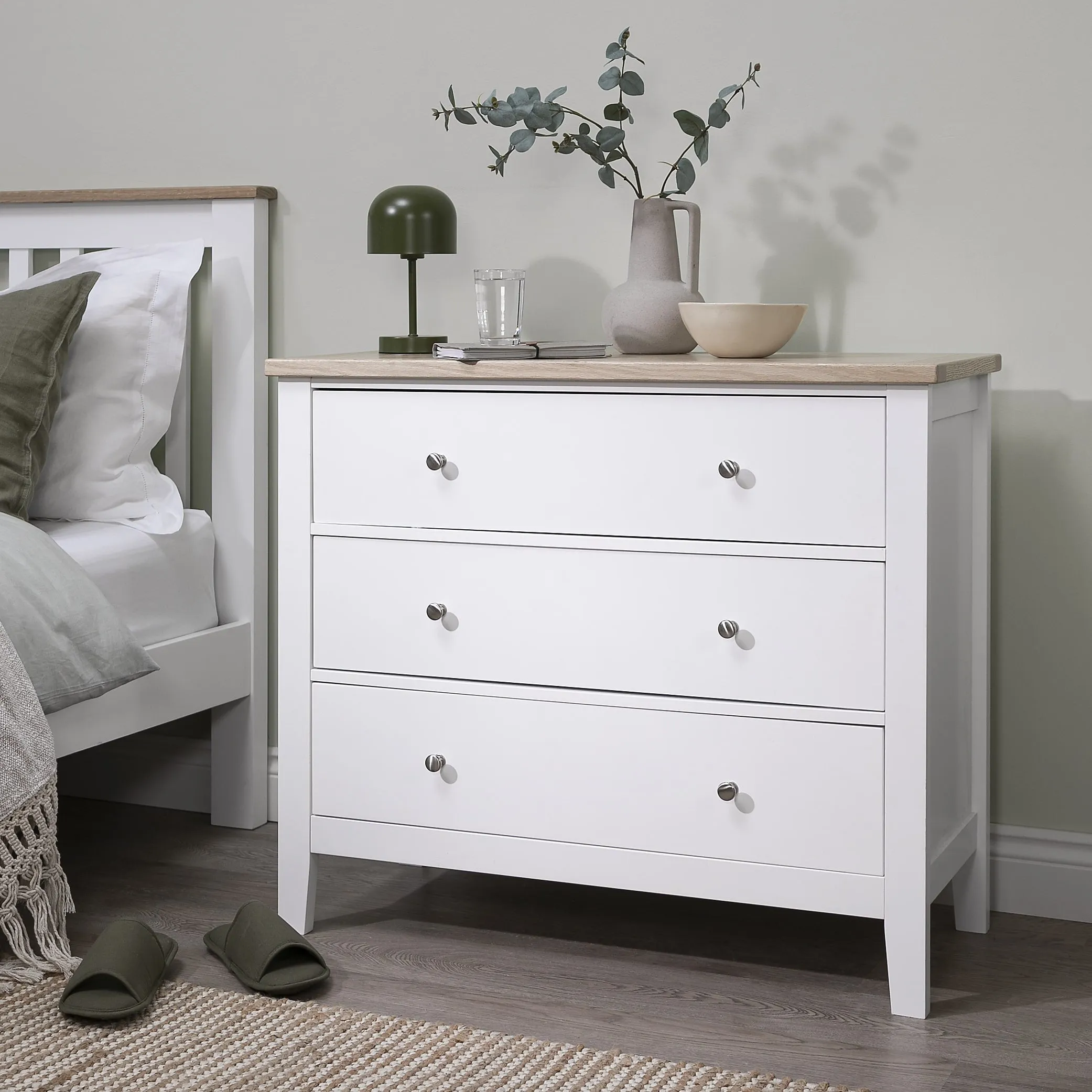 Leines 3 Drawer Wide Chest of Drawers in White & Oak