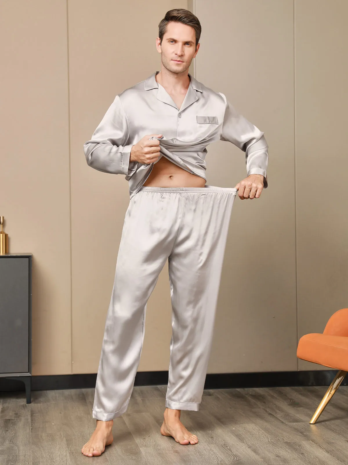 Luxurious Silk Men's Lapel Pyjamas 2Pcs