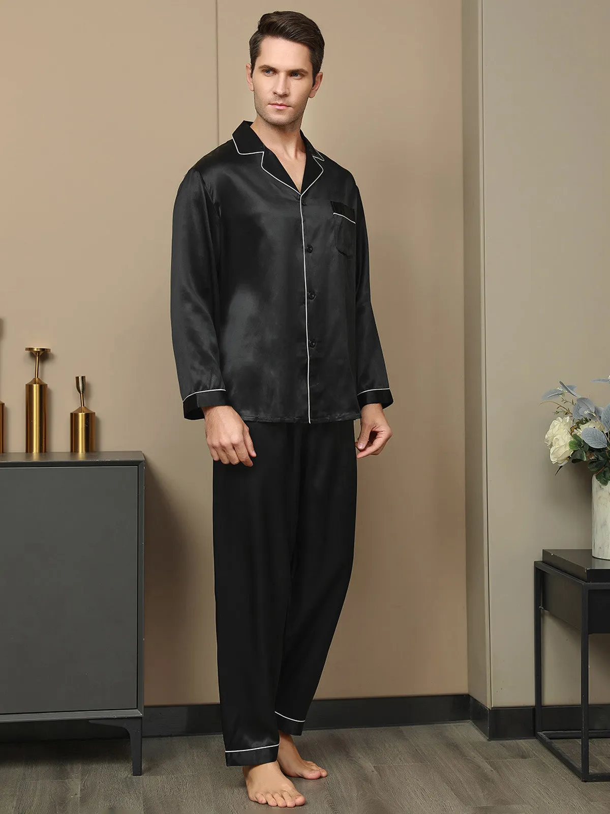 Luxurious Silk Men's Lapel Pyjamas 2Pcs