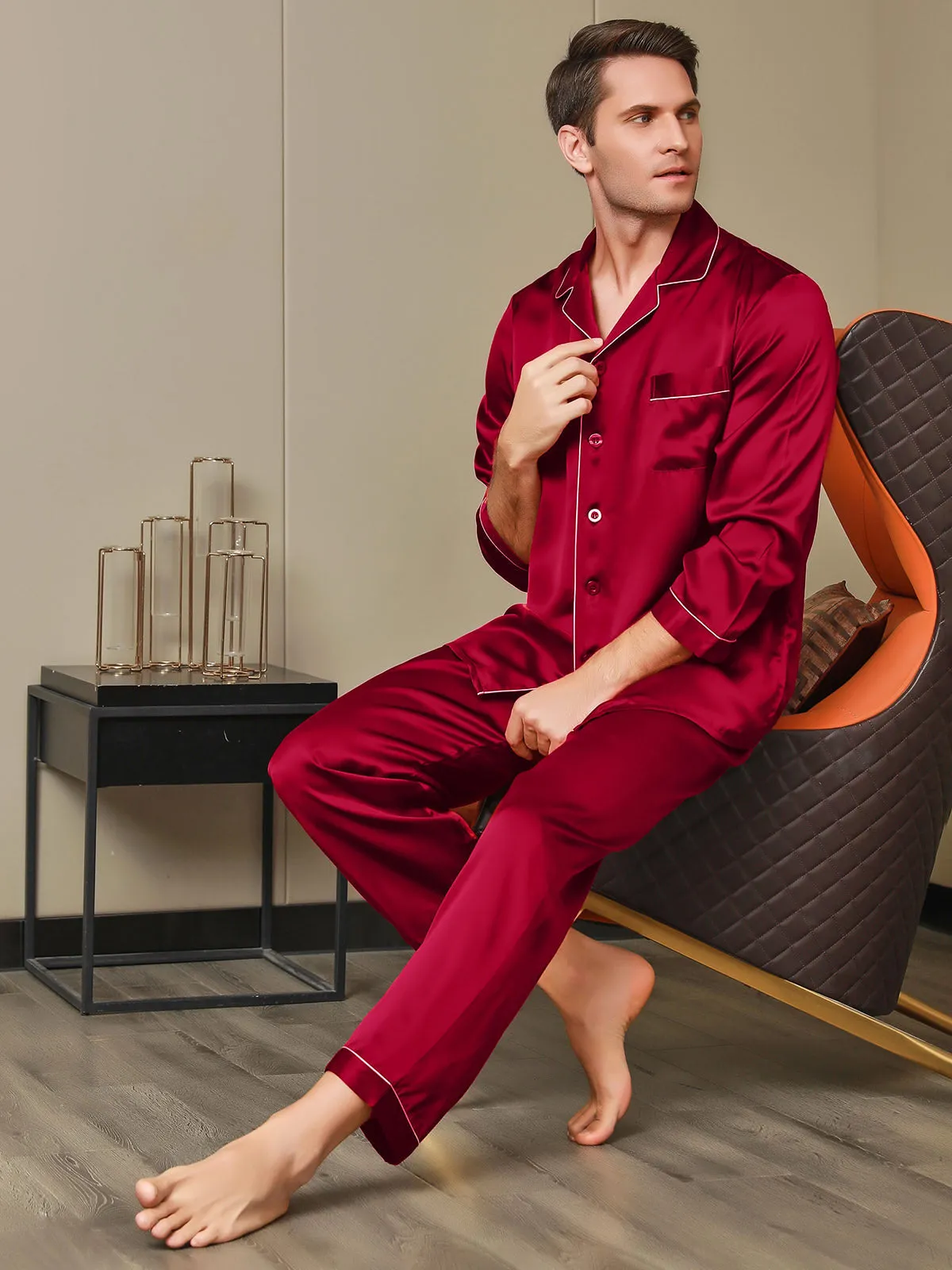 Luxurious Silk Men's Lapel Pyjamas 2Pcs