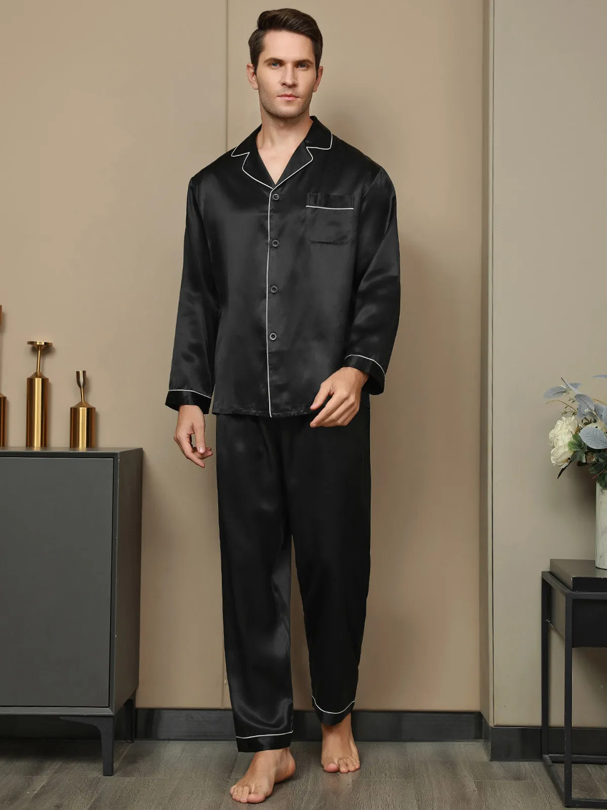 Luxurious Silk Men's Lapel Pyjamas 2Pcs