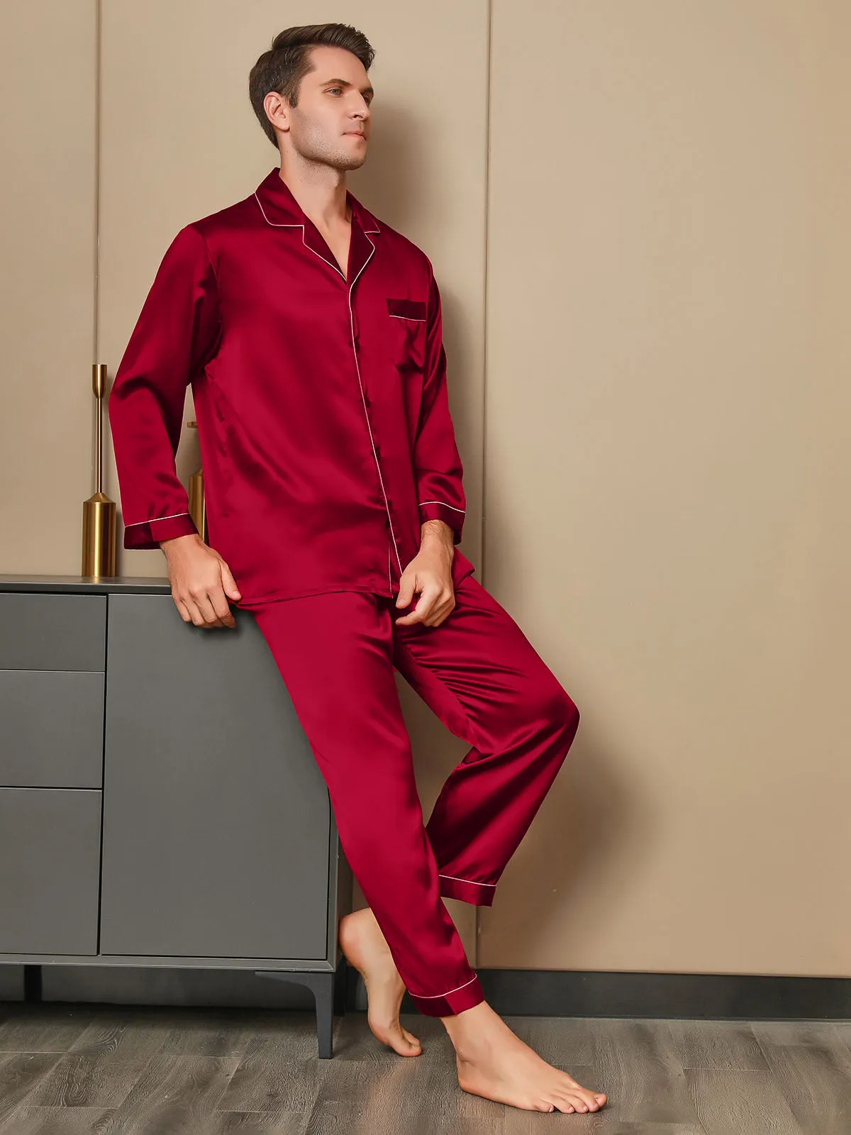 Luxurious Silk Men's Lapel Pyjamas 2Pcs