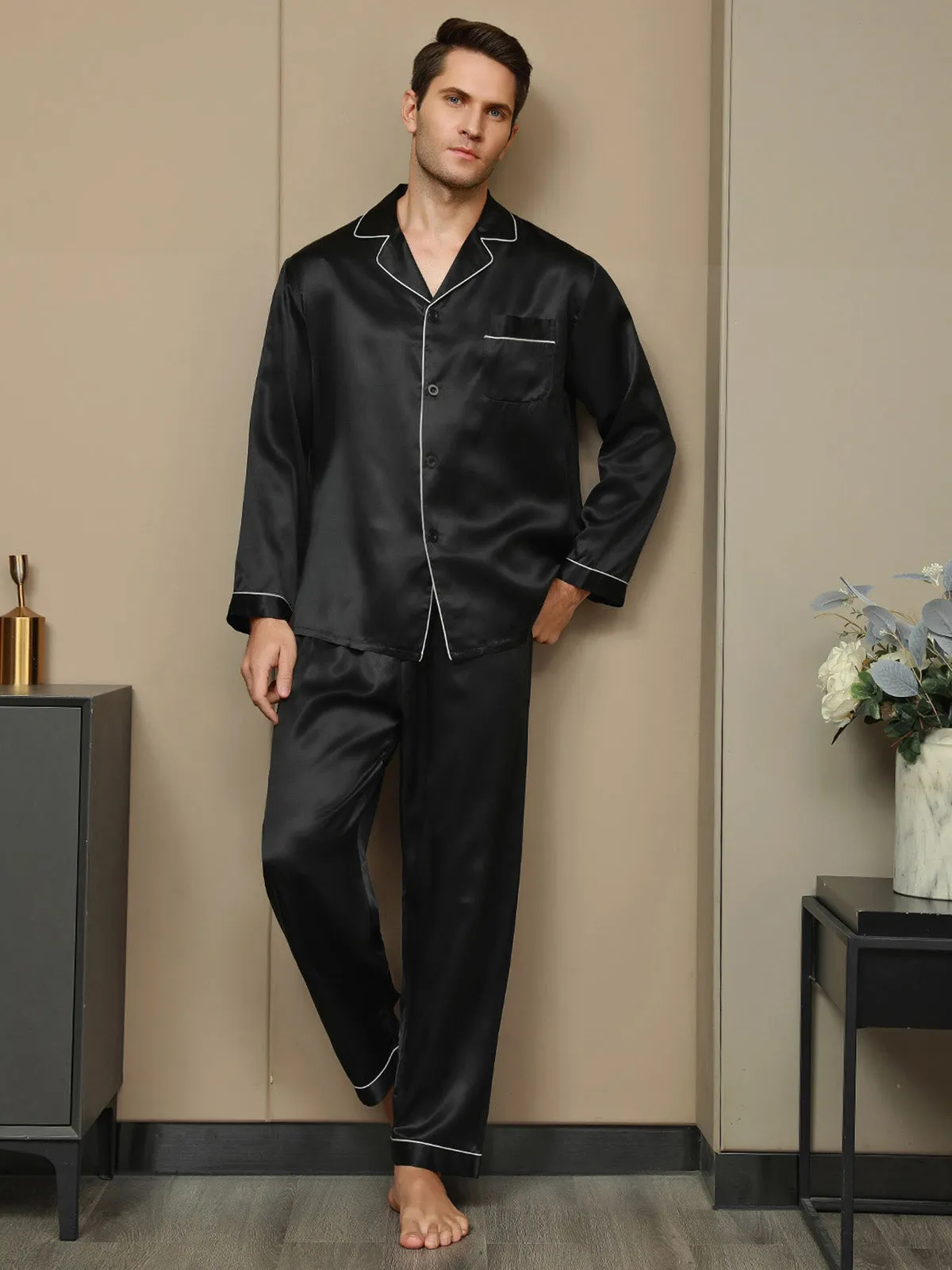 Luxurious Silk Men's Lapel Pyjamas 2Pcs