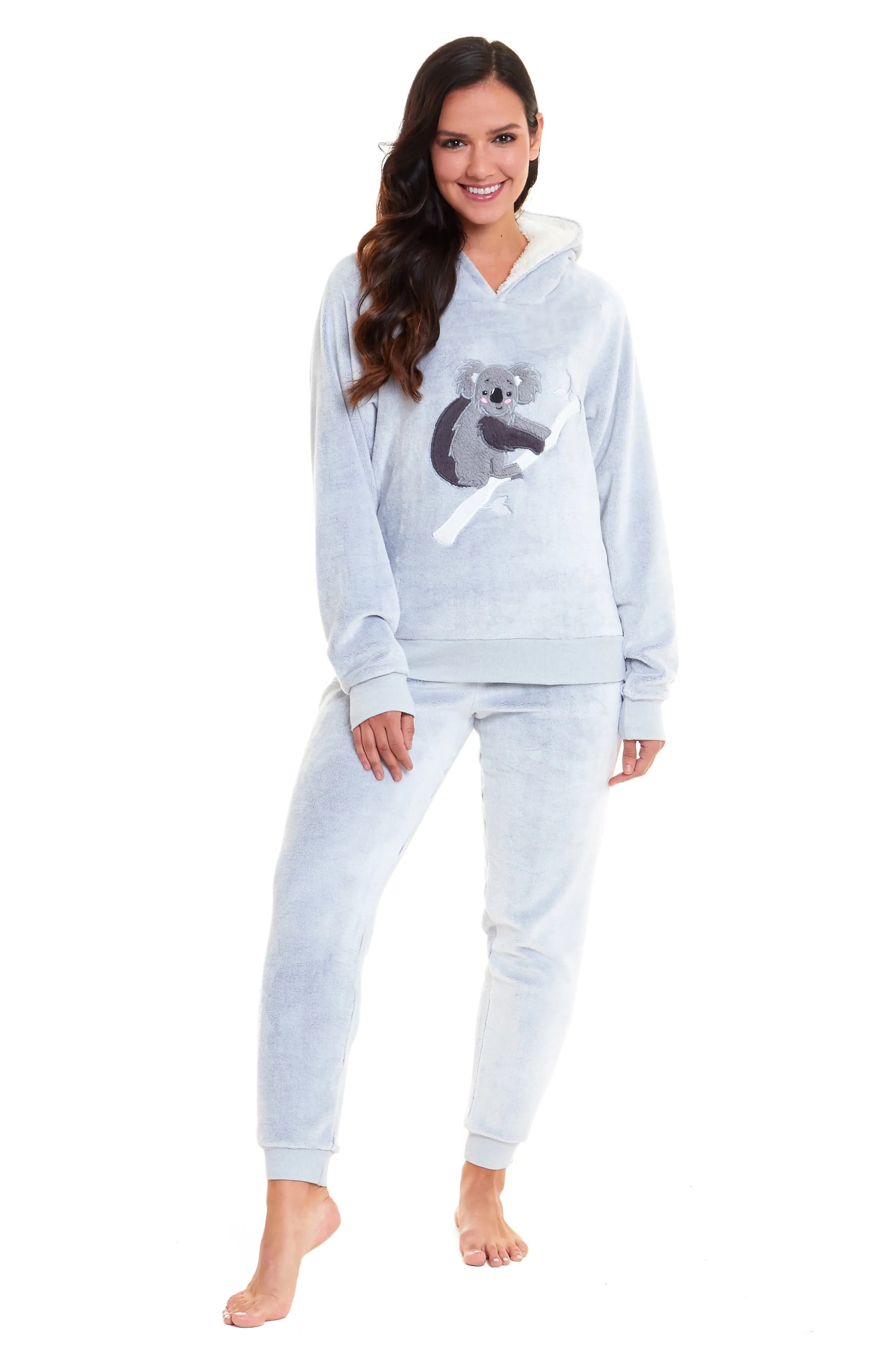 Matching Mother Daughter Koala Bear Hooded Pyjama Set Soft Plush Fleece Flannel Loungewear Nightwear for Women and Girls by Daisy Dreamer