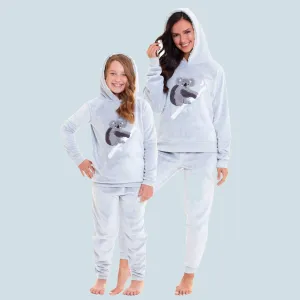 Matching Mother Daughter Koala Bear Hooded Pyjama Set Soft Plush Fleece Flannel Loungewear Nightwear for Women and Girls by Daisy Dreamer