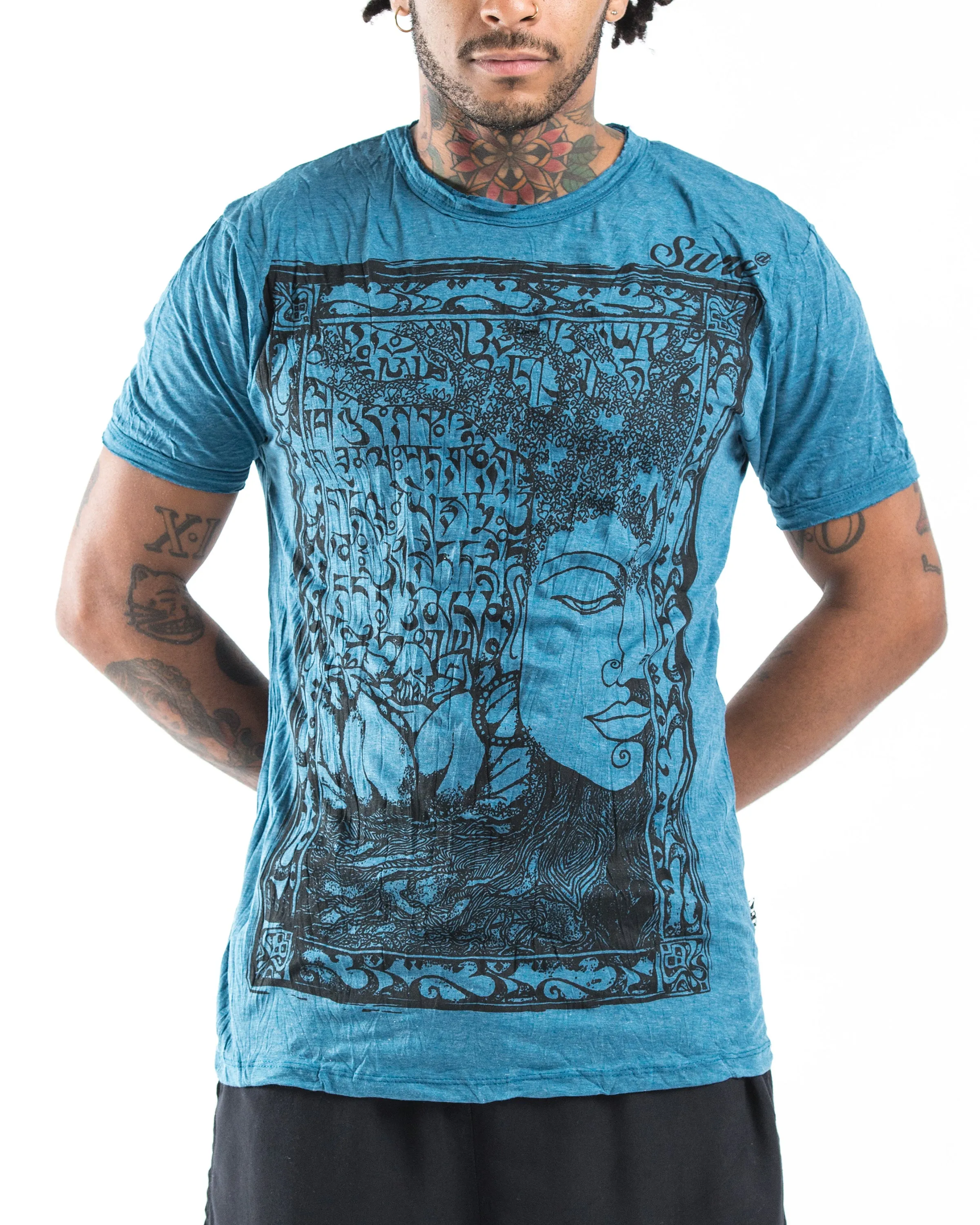 Mens Sanskrit Buddha  T-Shirt in Denim Blue