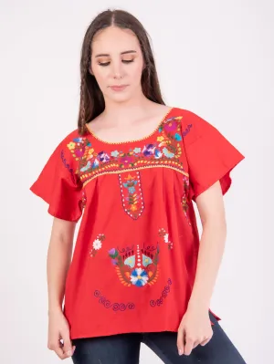 Mexican Tehuacan Full Embroidered Blouse Red